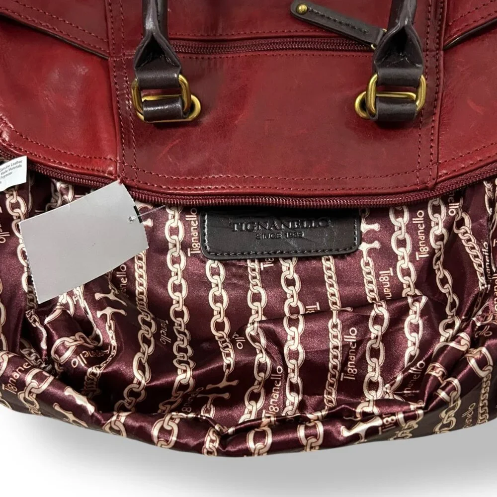 Tignanello Burgundy Leather Satchel Brown Leather Handles Trim Shoulder Strap